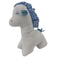 Vtg Eden Giraffe Rattle 7" Stuffed Plush Toy Terry Cloth White Blue Plaid Yarn