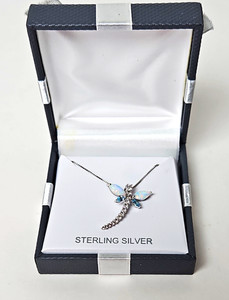 925 Sterling Silver Dragonfly Charm Pendant Necklace White Opal Box Chain 17"