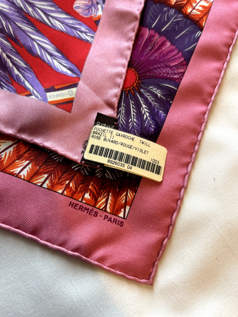 Hermes Brazil II Gavroche 45 Silk Scarf Rose Buvard Rouge Violet