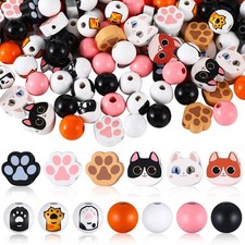 200 Pcs Cat Paw Print Wood Beads Cute Pet Paw Footprint Spacer Beads Bulk Col...