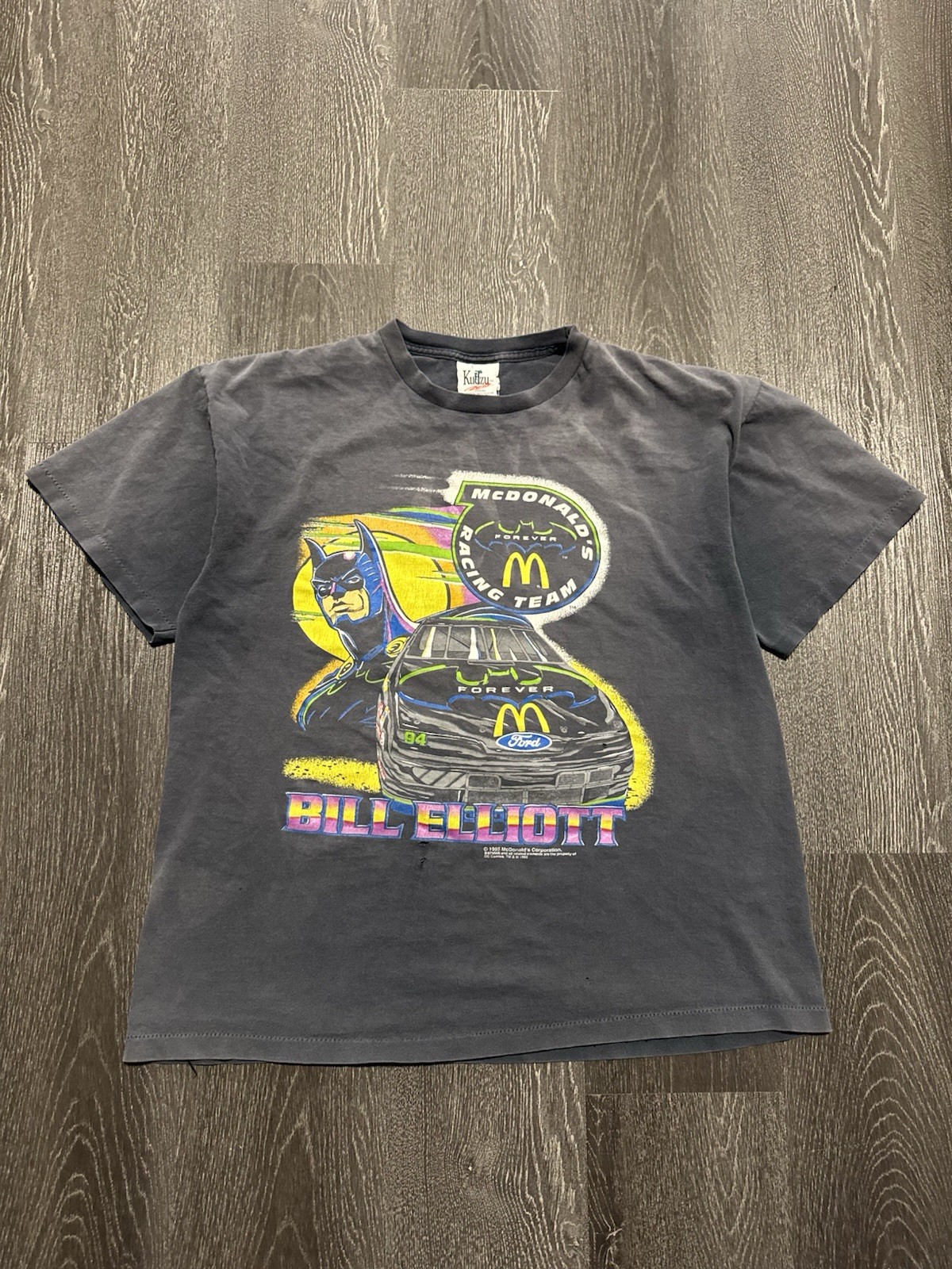 RARE Black Faded Batman Bill Elliot Racing Black Tee Shirt  XL (MCDONALDS) 1995