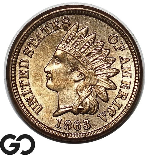 1863 Indian Head Cent Penny, Very Sharp Solid Gem BU++, Nice Mint Luster!