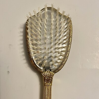 Vintage Elegant Gold Plated Nylon Bristle Hairbrush Antique Mirrored Hair Brush Gold Plated Filigree Decor  main image 4