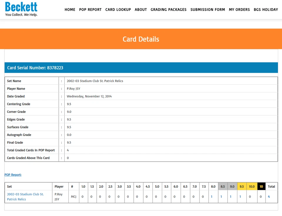 POP 1 Patrick Roy BGS 9.5: 2002-03 Stadium Club St. Patrick Relics Game Used JSY - Image 3 of 3