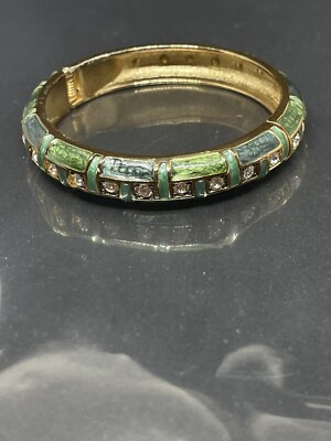 VTG Robert Rose Green Enamel Crystals GoldTone 6.9  Bangle Clamper Bracelet