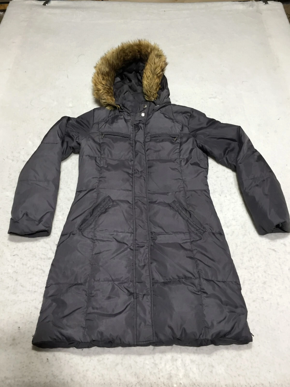 Michael Kors piumino puffer trench cappotto DIFETTOSO donna XS grigio pelliccia sintetica cappuccio zip