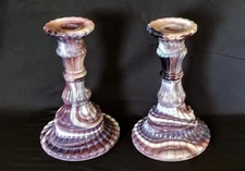 2 IMPERIAL GLASS PURPLE SLAG ATTERBURY VERTICAL RIB CANDLEHOLDER CANDLE STICKS