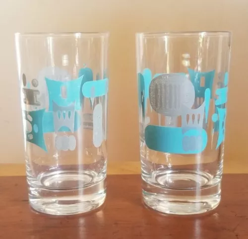 2 Vintage Royal China Blue Heaven Glass Tumblers MCM Atomic 1950s Turquoise Gray