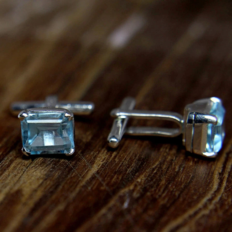 Мужские простые запонки ручной работы из стерлингового серебра 925 пробы с голубым топазом восьмиугольником - Изображение 4 из 4