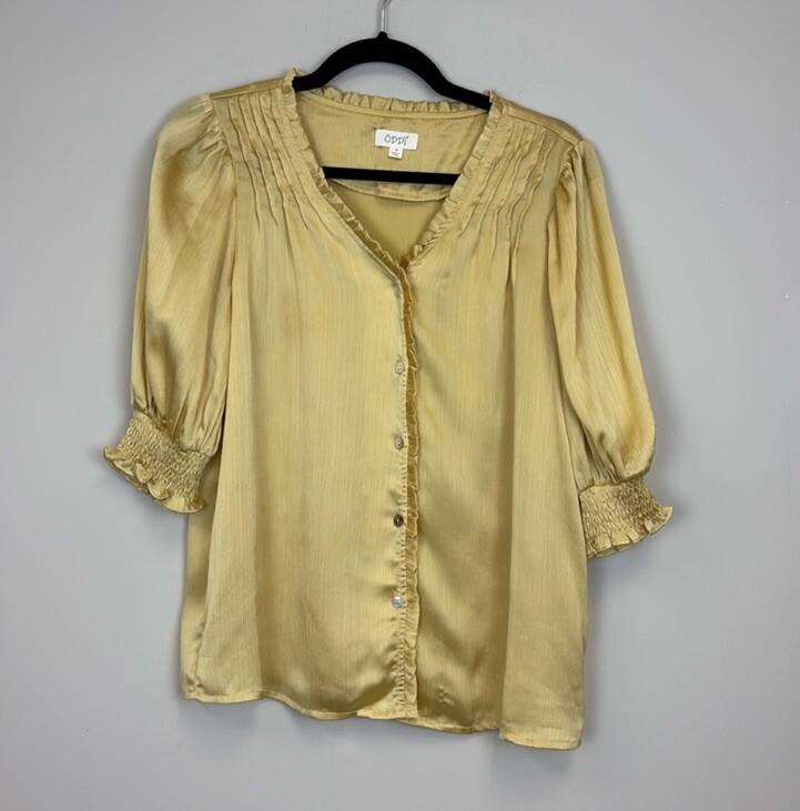 Oddy Yellow Gold Button Down Blouse Top Dressy Ca… - image 1