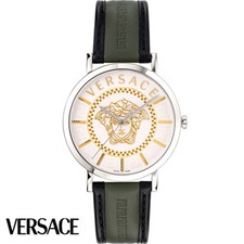 Versace VEJ400121 V-Essential white silver green black Leather Men's Watch NEW