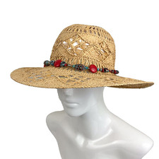 Vintage 100 straw sun hat womens M/L handmade beaded hat band OOAK