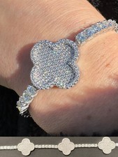 Real Solid 925 Silver Iced CZ Clover Shape Tennis Bracelet Mens Ladies Hip Hop