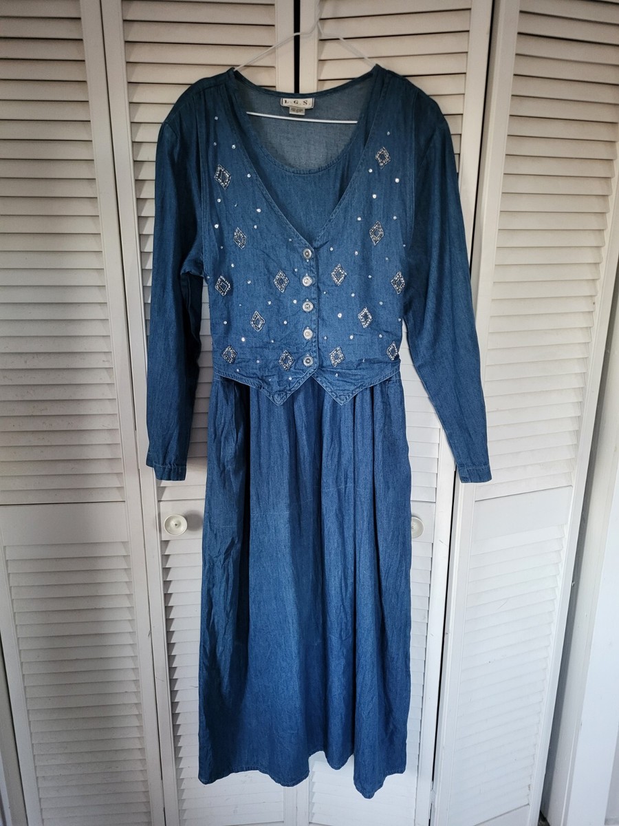 Vintage L.G.S. Modest Dress Size 14 Denim Beaded Blue Embelished Belted |  eBay