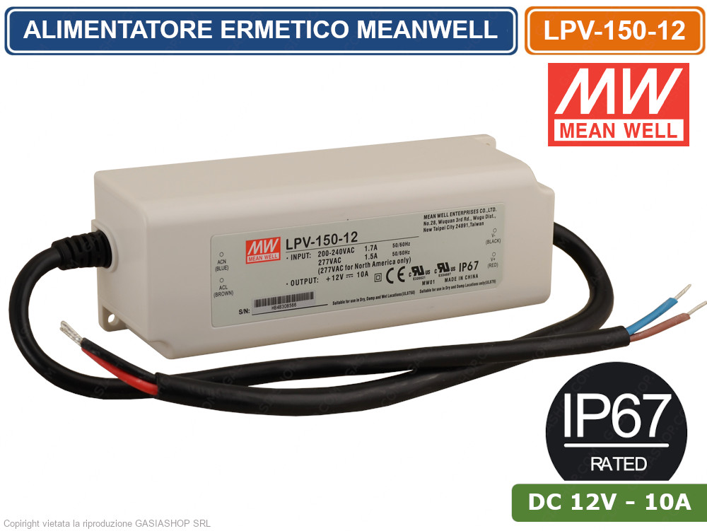 Driver LED 12V 10A 150W Mean Well LPV-150-12 Impermeabile IP67