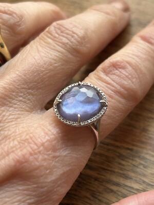 GORGEOUS Mother of Pearl & Lapis Doublet 14k Gold Ring with Pave Diamond Halo