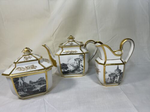 (3 Piece) G D & CIE AVENIR LIMOGES FRANCE 4-Cup TEA SET w/Landscapes & Gold - Picture 3 of 17