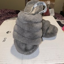 UGG Fluff Oh Yeah WOMENS Gray Faux Fur Soft Slides Slippers SIZE 4