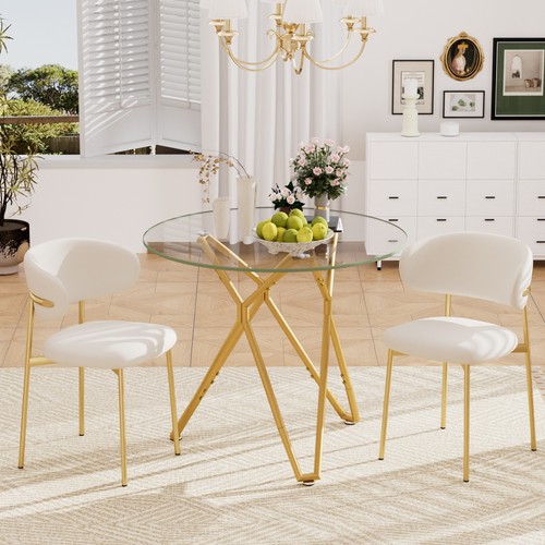 Modern 35.4" Round Tempered Glass Dining Table Kitchen Table w/Gold Metal Legs - Picture 3 of 13
