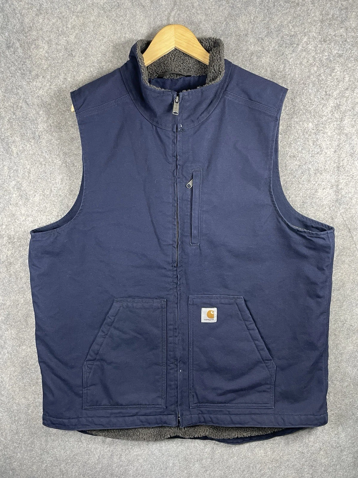Carhartt Duck Canvas Gilet Size XL Navy Sherpa Lined Full Zip Vest Loose Fit
