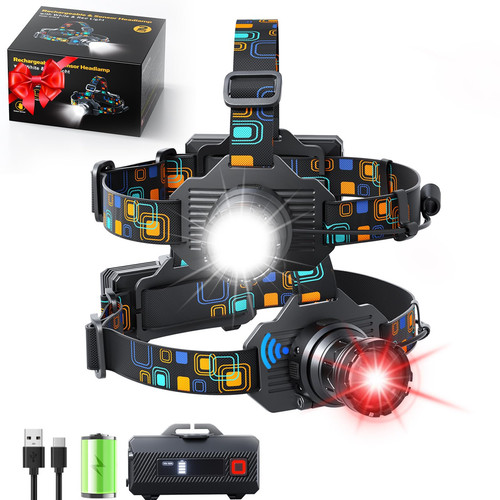 Headlamp Rechargeable, 2 PCS Bright LED Head Lamp with White Red Light, LED H...
