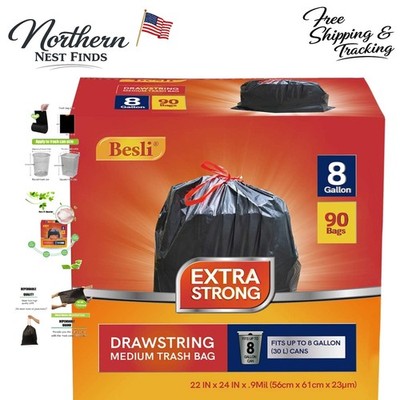 8 Gallon Unscented Drawstring Garbage Bags - 90 Count, Durable & Eco-Conscious