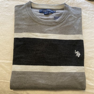 US Polo Assn. Sweater Mens Gray/Black Striped Crew Neck Long Sleeve Pullover XL