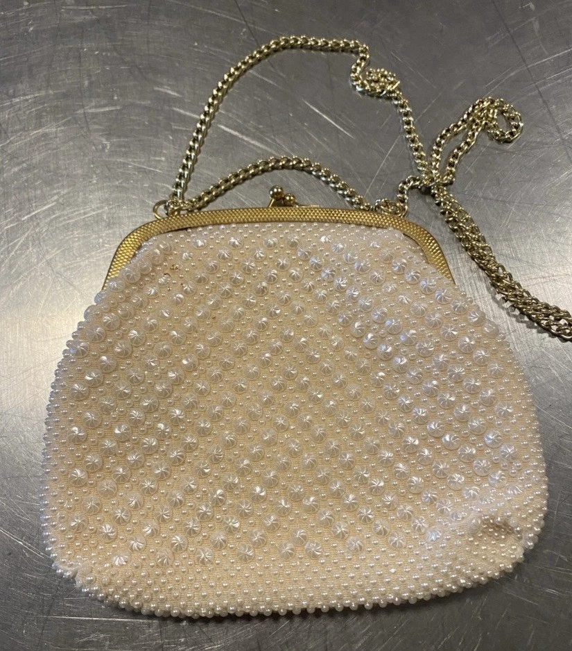 Vintage Pearl-Beaded CreamEvening Crossbody Bag with Gold Chain - Image 1 of 3