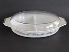 Vintage Pyrex Black Scroll Pattern. 1.5 qt Divided Serving Dish with Lid