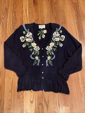 Vintage 90s Susan Bristol Women's Woven Cardigan Floral Embroidered Black Large