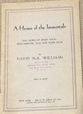 WILLIAMS: A Hymn of the Immortals  (H. W. Gray, 1947,  paperback)