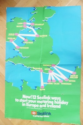 1970 Sealink Original Railway Travel Map Quad British Rail Ireland Poster 