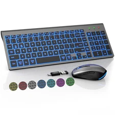 Wireless Keyboard Mouse Combo Backlit Compact Quiet Rechargeable Space Gray