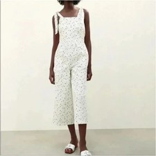 Zara Floral Polka Dot Cropped Jumpsuit Romper White Black Yellow Cotton Womens M
