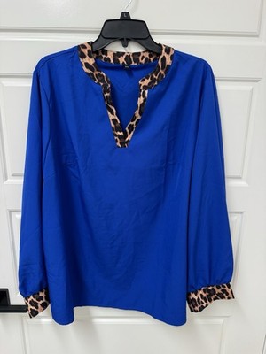 Women s 2XL Blouse Leopard Print Trim Vneck Long Sleeve NWOT Blue 2X A11