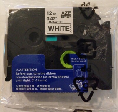 AZE White Laminated Label Maker Tape 12mm .47''  Compatible w/ Brother P-Touch