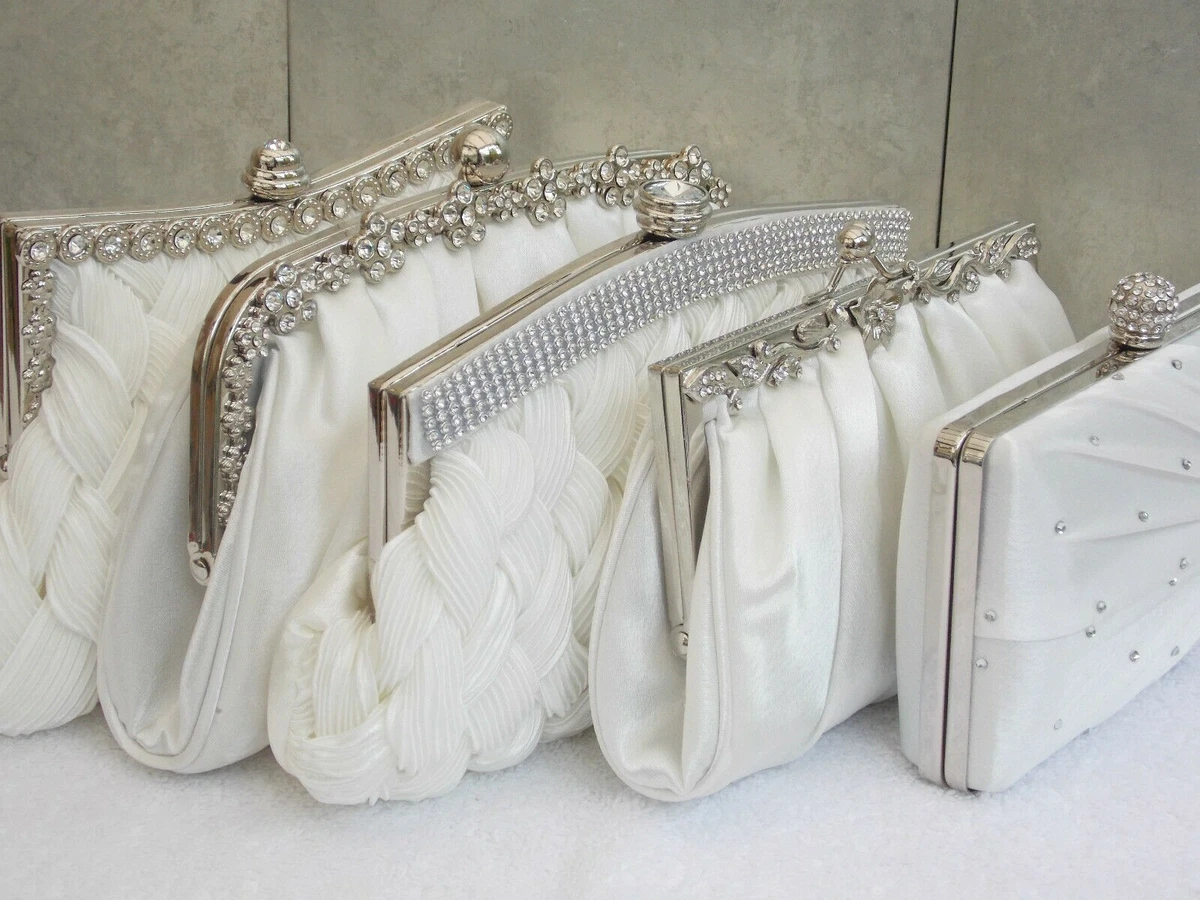 Ivory Diamante Crystal Satin Bridal Wedding Prom Purse Clutch Handbag Bag UK