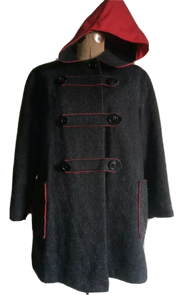 Abrigo de Lona Gris Años 50 De Colección con Borde Couderoy Rojo Escarlata, Capucha y Bolsillos de Parche M Foto 4 de 4