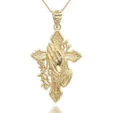 10K Solid Gold Cross with Praying Hands Pendant Necklace - Yellow, Rose, White
