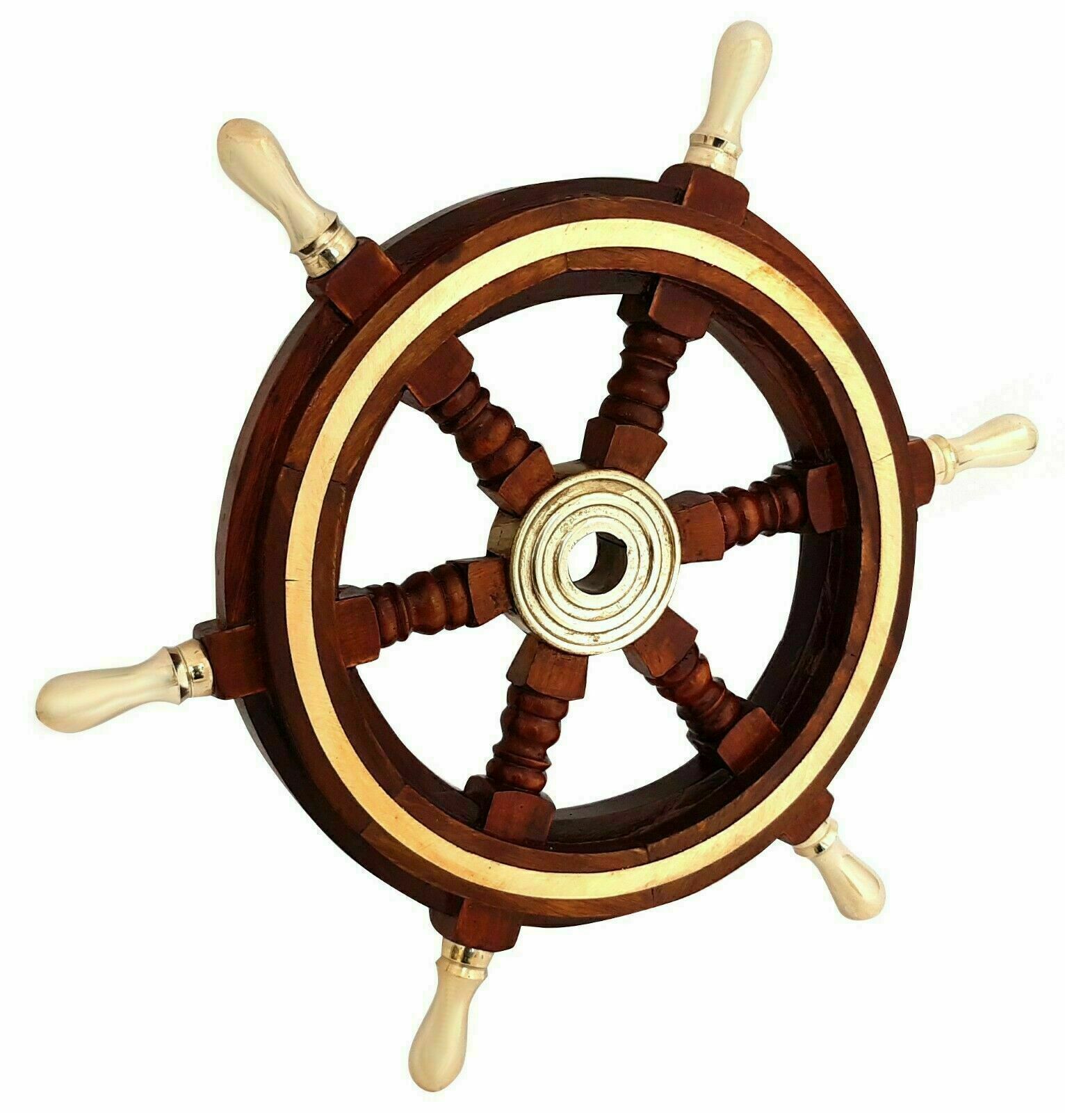 Vintage 24-inch Brass Wooden Fishing Wheel with 6 Spokes New Design  