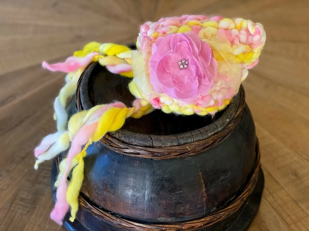 Newborn Infant Baby Pink Yellow Crochet Bonnet Hat Outfit Photography Photo Prop