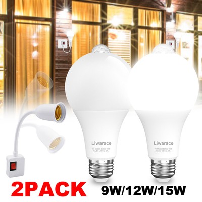 2Pack E26 E27 Motion Sensor LED Light Bulb 90 120 150 Watt Equivalent White Bulb