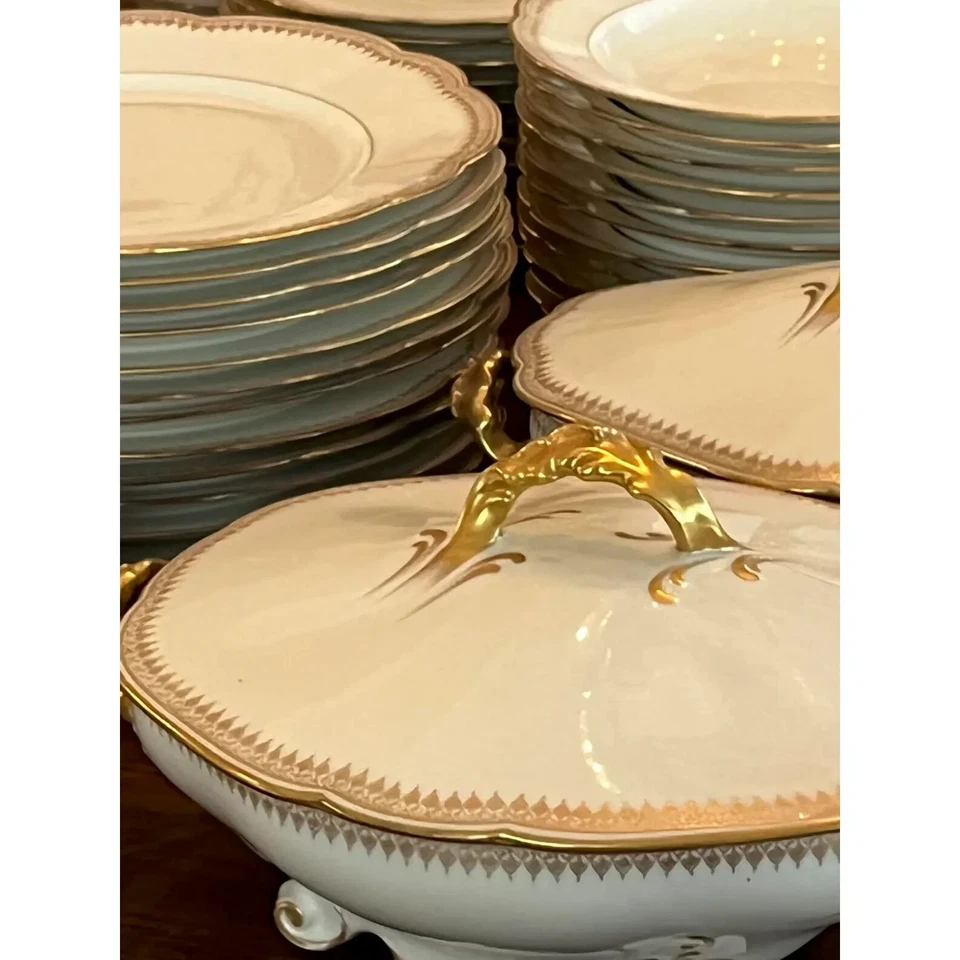 Limoges dinnerware set white and gold for 12, 104 pieces, includes 17 serving pc - Image 3 of 4