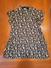 LOFT MP Dress Black Floral Drop Waist Ruffle Neck Gold Embroidered Polka Dot EUC