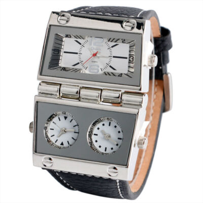 Quartz Watches For Men's Sport Wristwatch Rectangle White Dial Three Time Zone
