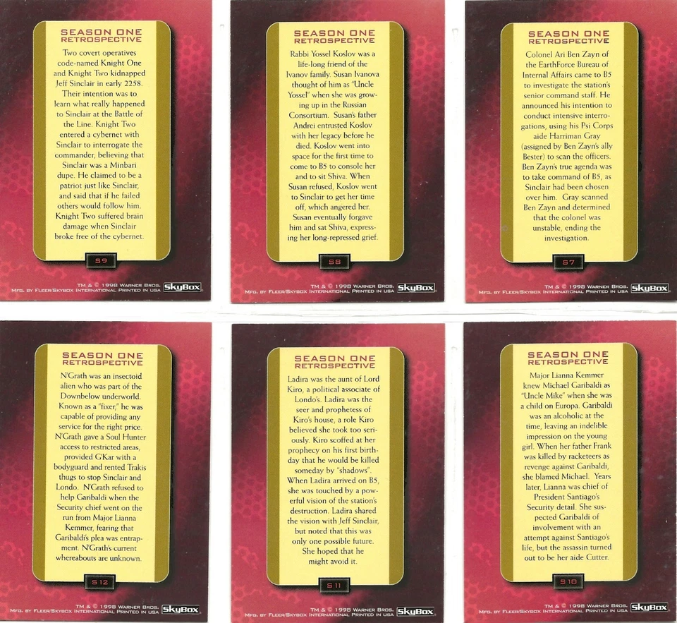 BABYLON 5 SEASON 4 RETROSPECTIVE CARDS S1 TO S12 SET OR SINGLES BY SKYBOX - Image 4 of 4