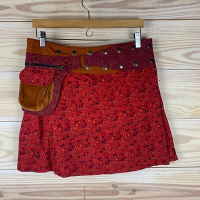 Festival Ready Mini Skirt Womens 32'' Red Floral Velor Pouch Artsy Grunge
