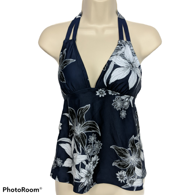 Kona Sol Womens Halter Tankini Swim Top Size Small Navy Black Floral
