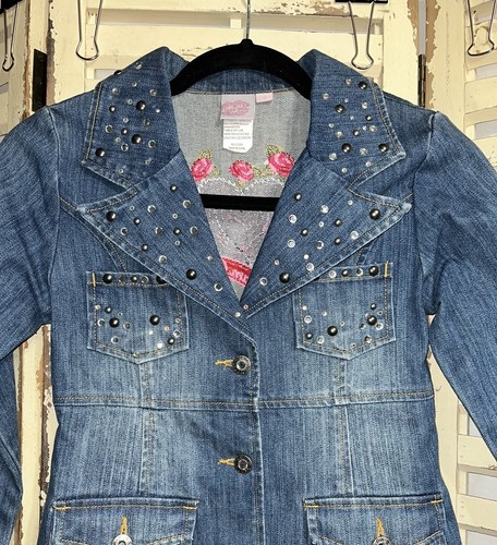 LN~Lipstik~Denim~Rhinestone/Stud Embellished~Rose Embroidered~Jacket~Size 8 - Picture 3 of 8