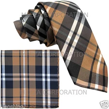 New Men's Vesuvio Napoli plaid 2.5" skinny Neck Tie Necktie & Hankie set Brown